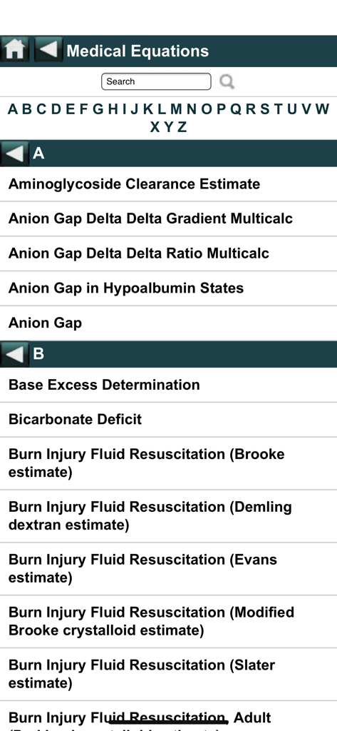 EBMcalc Kidney - Alphabetical list of medical equations in the EBMcalc Kidney app