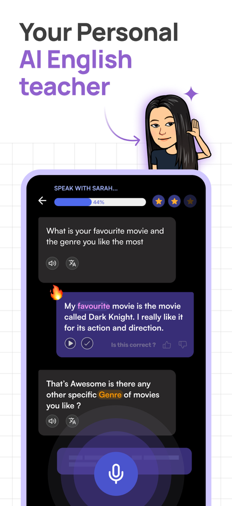 Interface of the Stimuler app showing a conversation with an AI English teacher for speaking practice