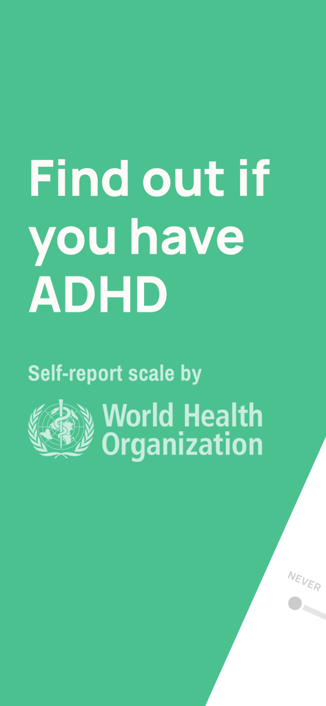 ADHD Test For Adult App - Startbildschirm für die ADHS-Test für Erwachsene App mit der Checkliste zur Selbstbeurteilung der Weltgesundheitsorganisation.
