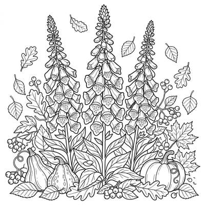 Discover the enchanting blend of nature and season with this captivating foxglove and autumn harvest coloring page. Featuring elegant floral spires alongside classic fall elements like pumpkins and berries, it's perfect for a relaxing creative session.