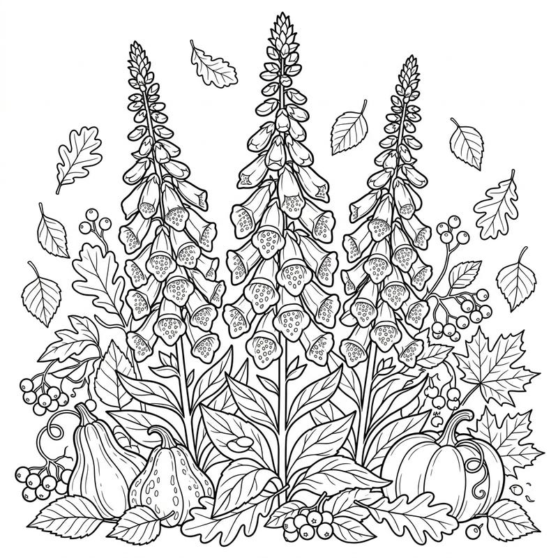 Discover the enchanting blend of nature and season with this captivating foxglove and autumn harvest coloring page. Featuring elegant floral spires alongside classic fall elements like pumpkins and berries, it's perfect for a relaxing creative session.