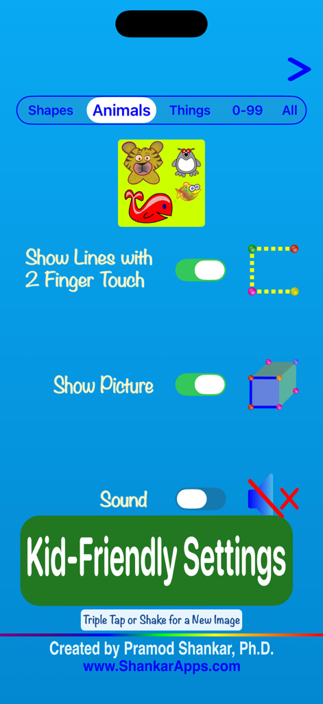 Dot Fun - Kid friendly settings menu for the Dot Fun educational app showing animal categories and tracing options