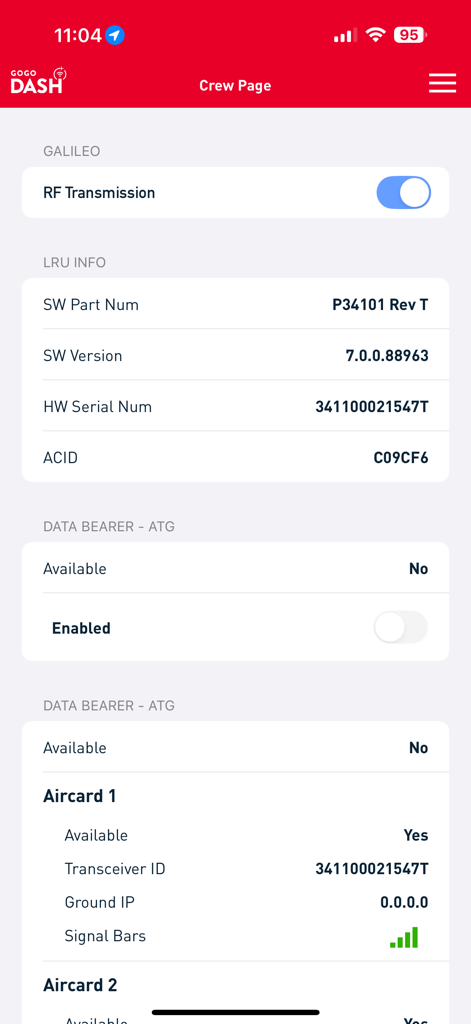 Gogo DASH (Biz Av) - Gogo DASH app crew page displaying technical aircraft connectivity system status and hardware information