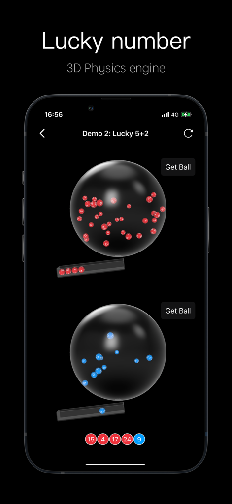 Random Picker - 3D Lucky Ball - Une interface de générateur de numéros chanceux basée sur la physique 3D avec des balles rouges et bleues dans des sphères de verre.