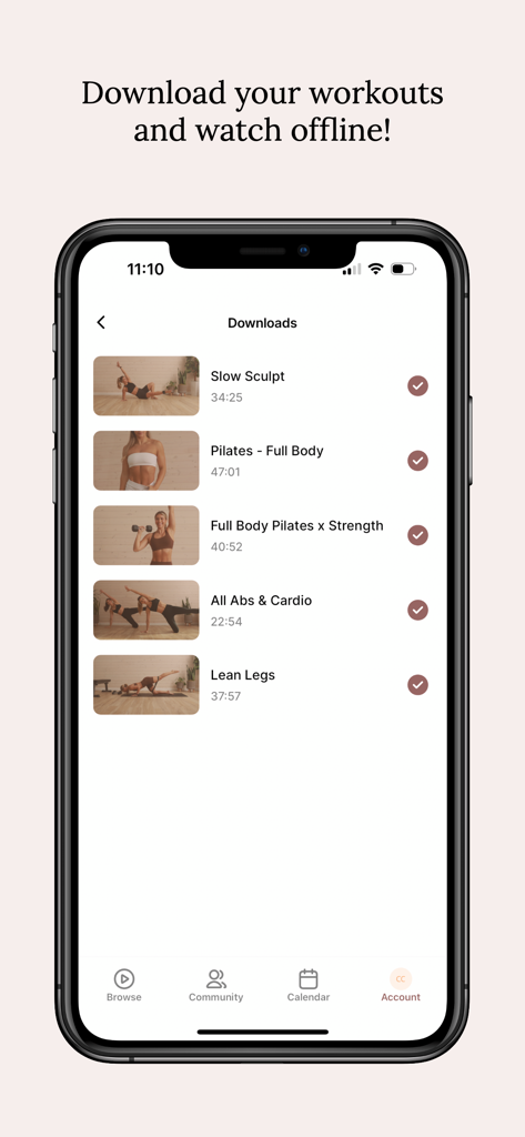 Fit with Coco - Eine mobile Oberfläche der Fit with Coco App, die eine Liste heruntergeladener Trainingsvideos für die Offline-Nutzung anzeigt