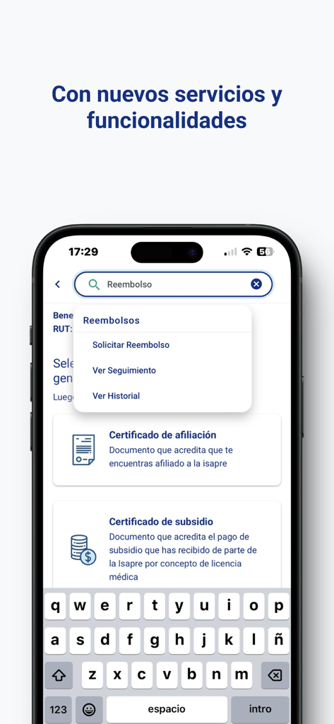 Interfaz de la app médica Vida Tres mostrando la función de búsqueda de certificados de reembolso y seguro médico.
