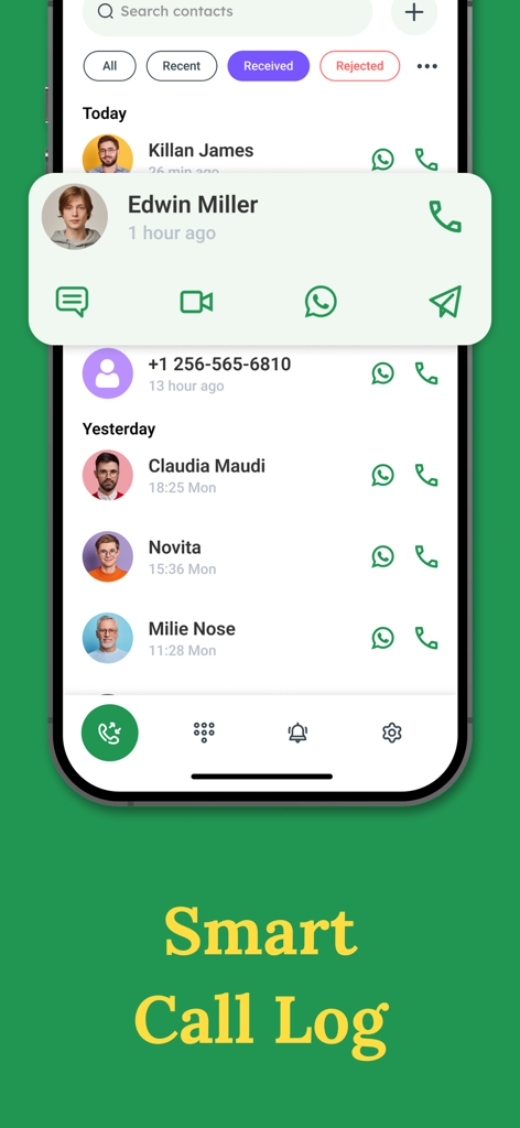 Pantalla de smartphone mostrando la función de registro de llamadas inteligente con opciones de mensaje directo y contacto de WhatsApp