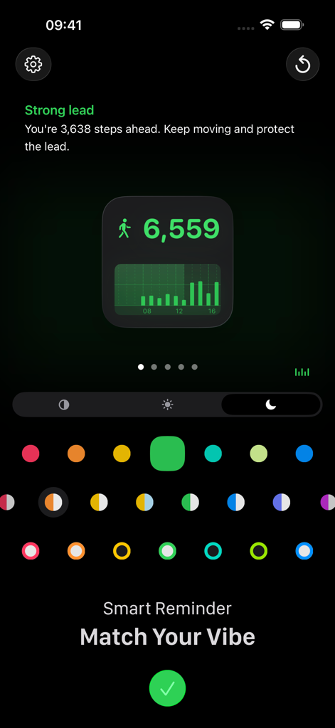 Steps Widget - Walking Tracker - Pantalla de personalización de la aplicación de seguimiento de pasos con paleta de colores y vista previa del widget.