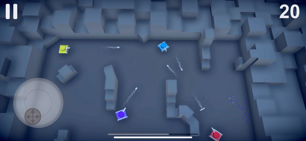 Top-down view of colorful tiny tanks battling in a grey low-poly arena with onscreen controls