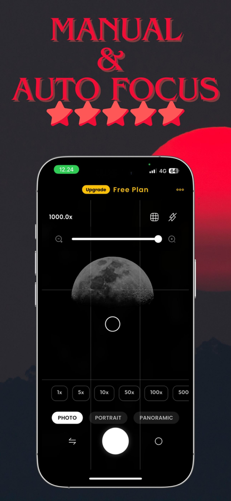 Tele Camera : 1000x Ultra Zoom - Tele Camera app interface showing 1000x zoom on the moon with manual and auto focus options.