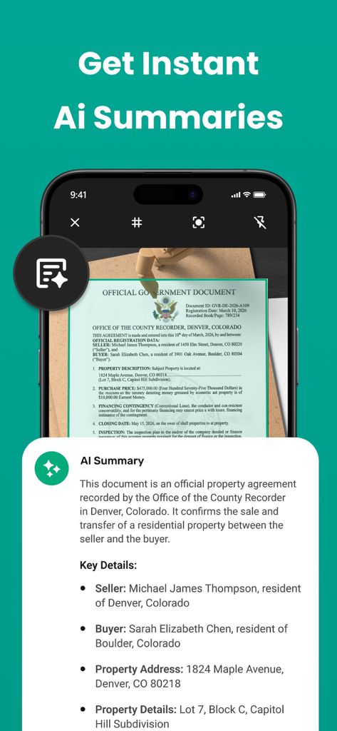 Um smartphone mostrando o recurso de resumo de IA do aplicativo Cam Scanner em um acordo de propriedade digitalizado.