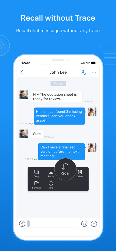 SeaTalk - SeaTalk app interface showing the message recall feature in a business chat for enhanced privacy.
