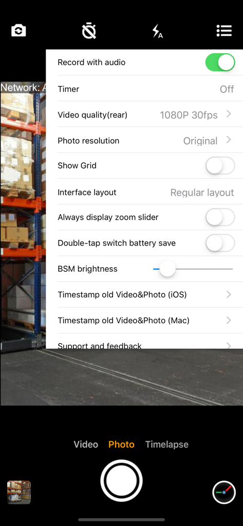 Settings menu of the Timestamp Camera Enterprise app showing professional photo and video capture options