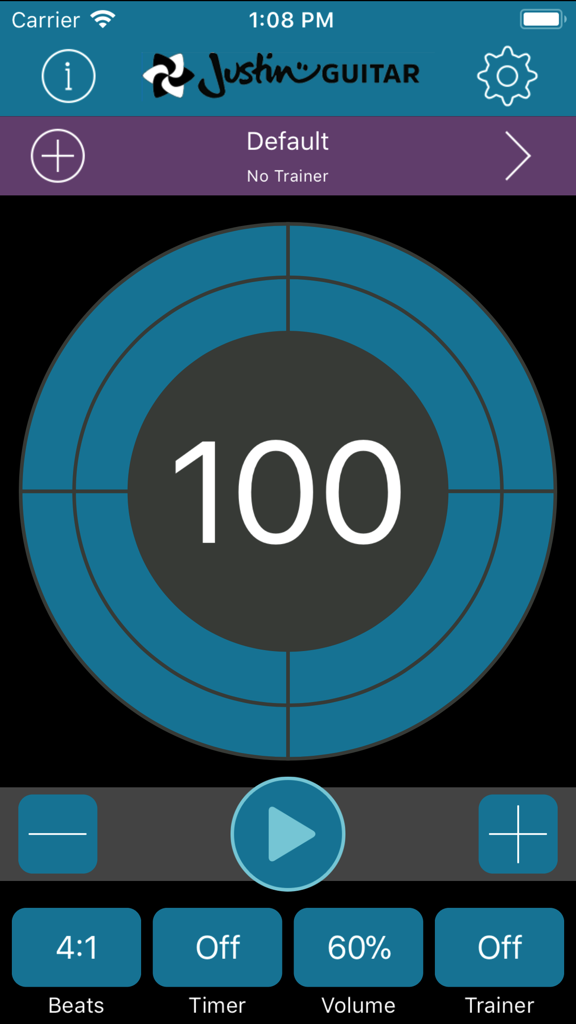 Time Trainer Metronome - Time Trainer Metronome app main interface displaying a tempo of 100 BPM
