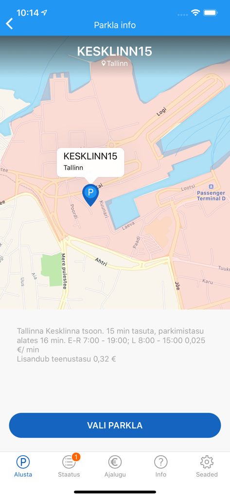 PARGI.EE - Interfaz de mapa de la aplicación PARGI.EE que muestra la ubicación de una zona de estacionamiento en Tallinn, Estonia, con detalles de precios
