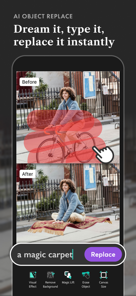 A demonstration of the BEAM app AI Magic Replace feature turning a bicycle into a flying carpet through text prompts.