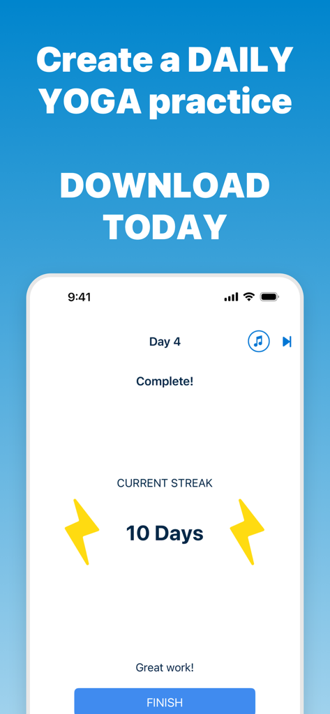 5 Minute Yoga Workouts - Pantalla de la aplicación de yoga que muestra una racha de 10 días de práctica diaria