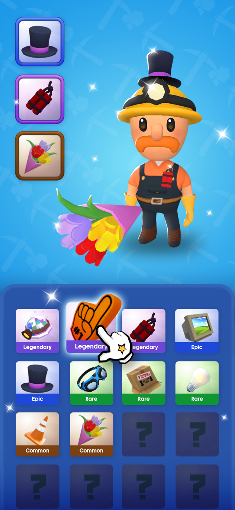 Idle Mine! - Screenshot showing a miner character and an inventory grid of legendary epic and rare collectible items in the Idle Mine app