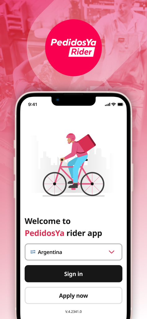PedidosYa Rider - The welcome screen of the PedidosYa Rider mobile app showing a delivery cyclist illustration with buttons to sign in and apply now