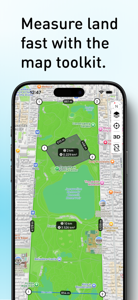 Planimeter: Area & Distance - Un écran de smartphone affichant l'application Planimeter mesurant la surface et la distance sur une carte de Central Park