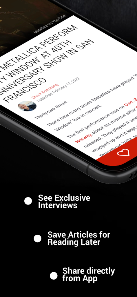 Ultimate Metallica - Ultimate Metallica app interface displaying a news article about a live performance with options to save articles and share content