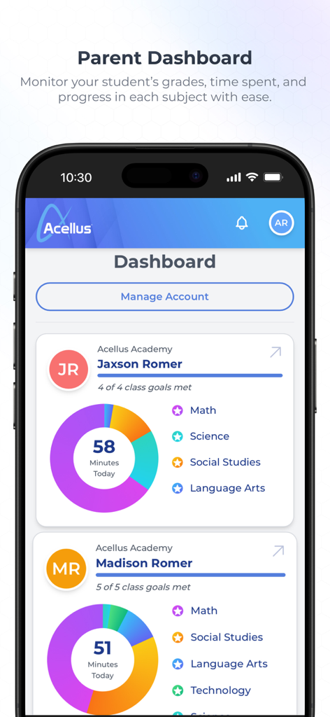 Painel dos pais no aplicativo Acellus mostrando o progresso de aprendizado do aluno em tempo real e o tempo gasto em matérias como matemática e ciências