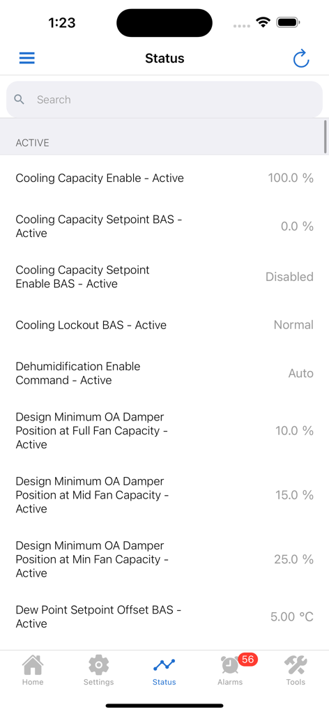 Trane Symbio app status screen displaying active cooling and damper parameters for HVAC equipment