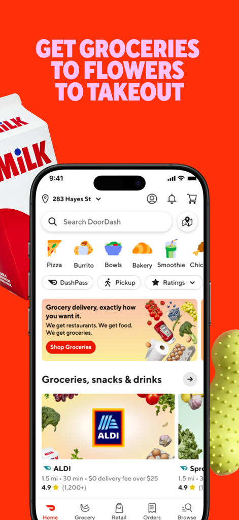 DoorDash: Food, Grocery, More - Startbildschirm der DoorDash-App mit Optionen für Lebensmittellieferungen und Essenslieferungen, einschließlich Aldi und Restaurantkategorien.