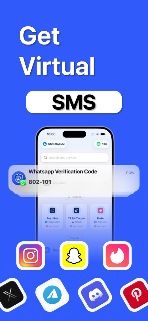 Interfaz de la aplicación SafeSim que muestra un código de verificación SMS virtual para WhatsApp con iconos de redes sociales
