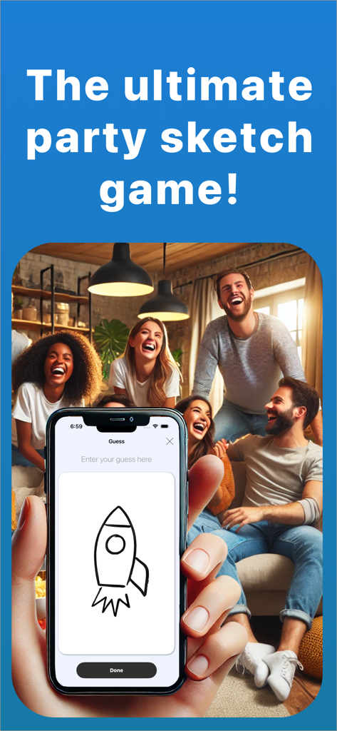 Friends laughing together while playing a drawing and guessing game on a smartphone