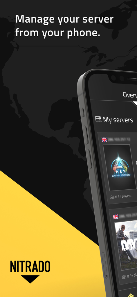 Interfaz de la aplicación móvil Nitrado en un smartphone para gestionar servidores de juegos como ARK y DayZ