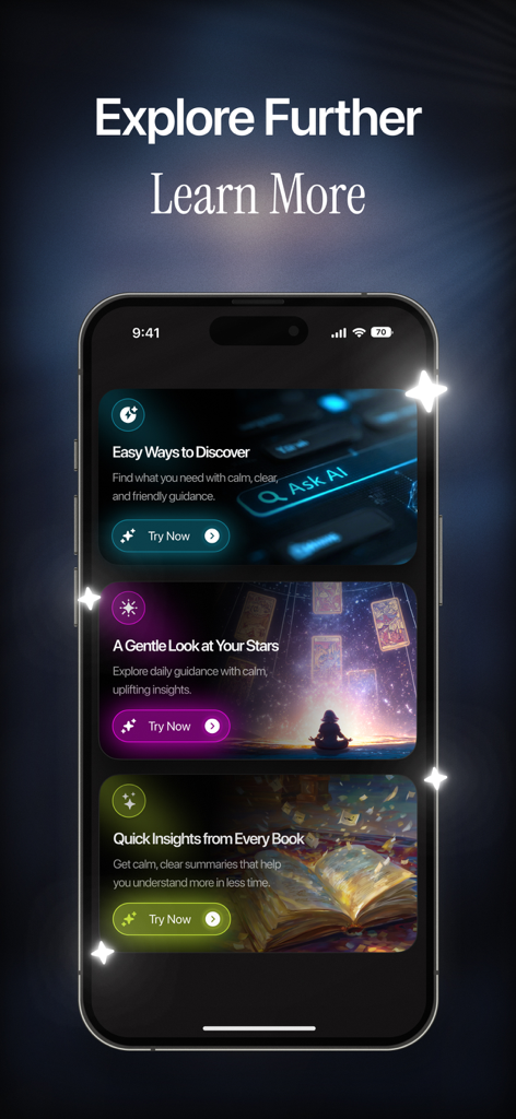 Interfaz de la aplicación Resultex que muestra los módulos de búsqueda de IA, horóscopo diario y resumen de libros