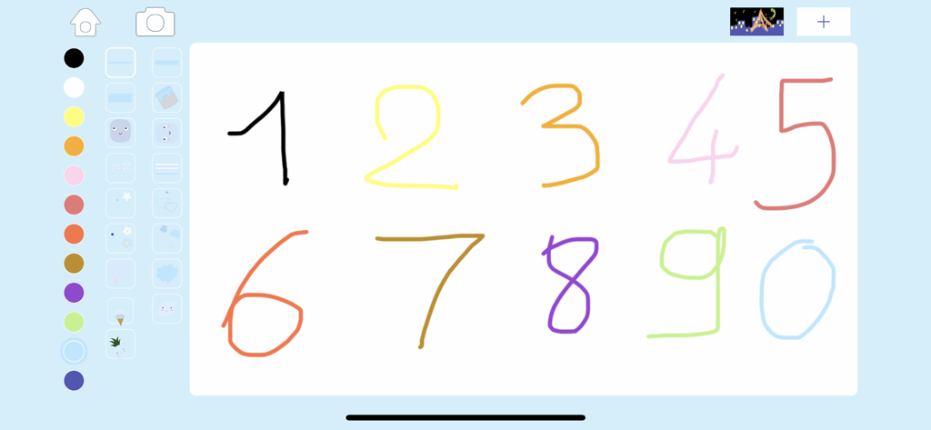 子供向けのお絵かきアプリのインターフェースに、カラフルで手描きの数字1から0