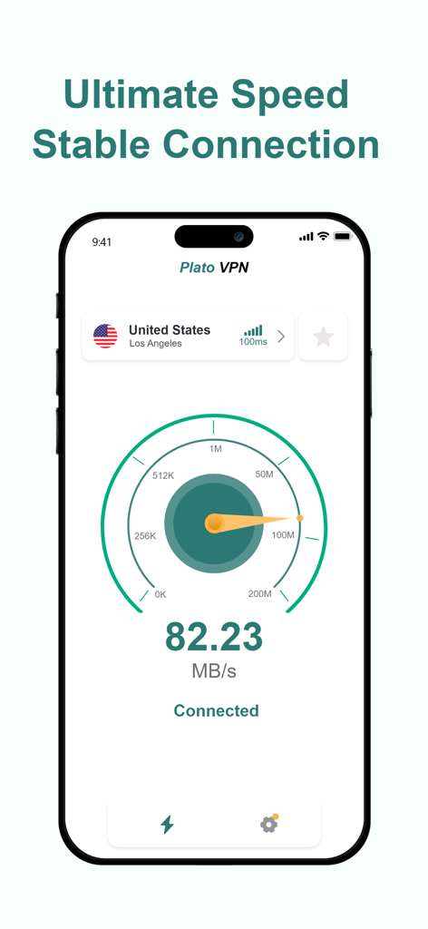 PlatoVPN: Super VPN Fast Proxy - PlatoVPN app screenshot showing a speedometer UI with a fast connection of 82.23 MB/s to a United States server.