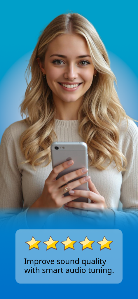 Water Eject - Snd Wave 432 Hz - Smiling young woman holding a smartphone with five stars rating for smart audio tuning