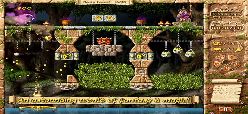 Fairy Treasure - Brick Breaker - Gameplay screenshot of Fairy Treasure Brick Breaker showing a fantasy forest level with a witch and magical bricks