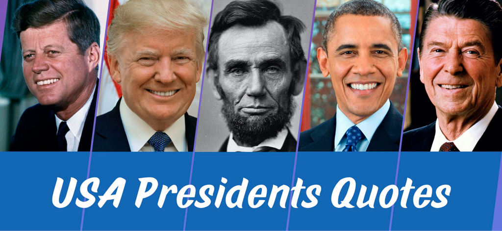 미국 대통령 존 F. 케네디, 도널드 트럼프, 에이브러햄 링컨, 버락 오바마, 로널드 레이건의 초상화와 함께 'USA Presidents Quotes'라는 텍스트가 있는 배너