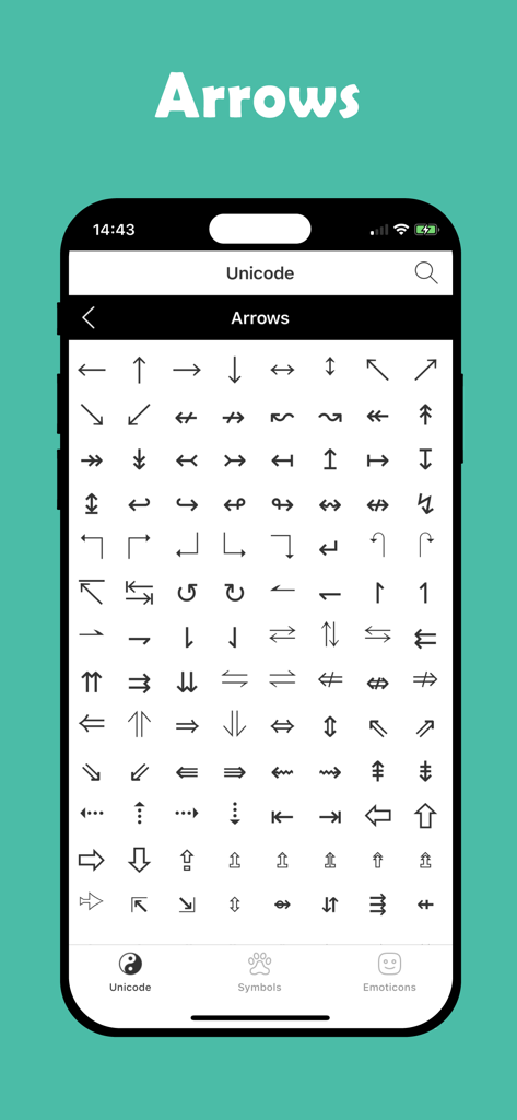 Symbol Pad & Icons for Texting - Interface of Symbol Pad app displaying various arrow icons and Unicode characters for texting