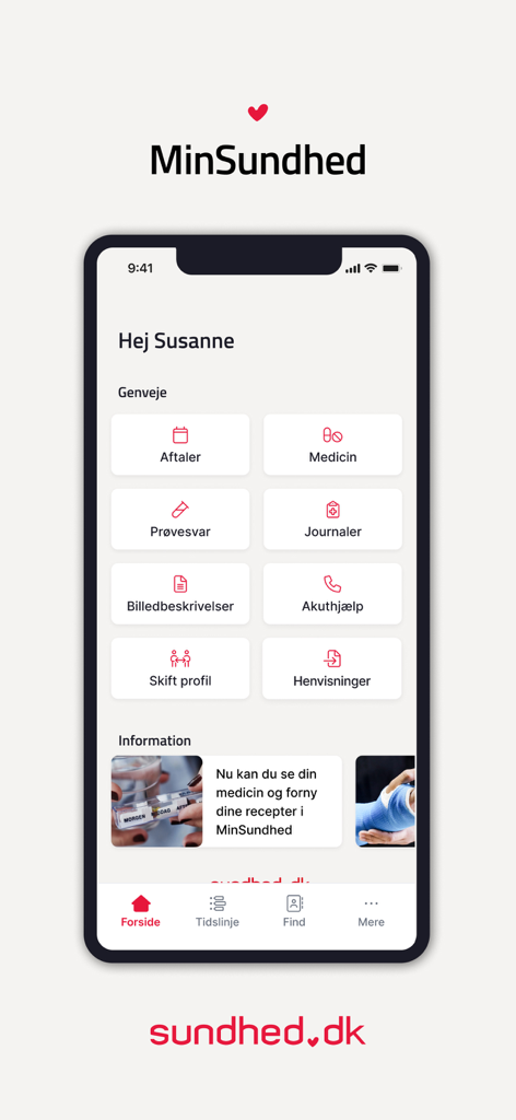 MinSundhed - Home screen of the MinSundhed mobile app featuring quick access buttons for medical appointments, records, and prescriptions.