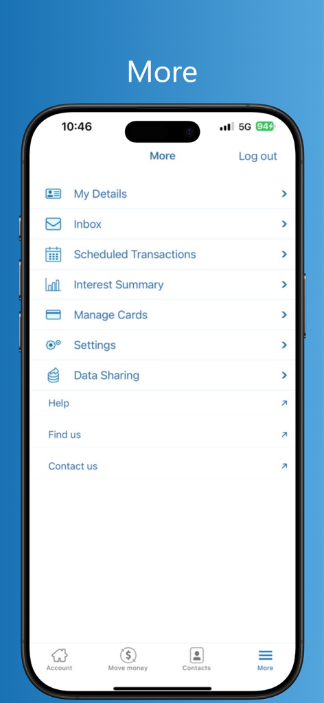 RAMS Financial Group Pty Ltd - More menu interface of the myRAMS mobile banking app showing options for settings and account management