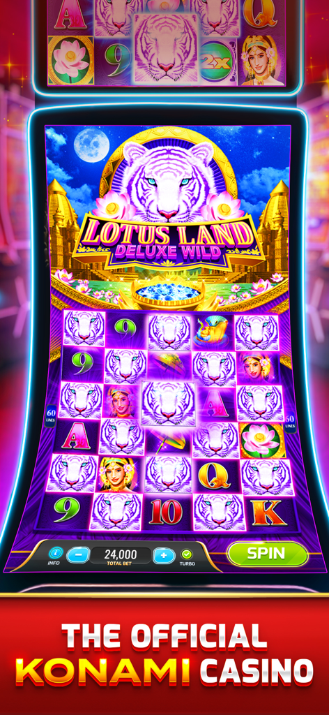 myKONAMI® Slots - Gameplay screenshot of the Lotus Land Deluxe Wild slot machine featuring white tiger symbols in the official myKONAMI Slots app.
