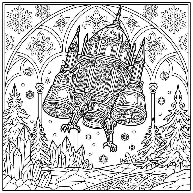 Explore a captivating blend of sci-fi and fantasy with this unique Gothic lander coloring page, set against a stunning winter wonderland backdrop. Unleash your creativity by bringing this intricately designed spacecraft and its icy surroundings to life with your favorite colors.