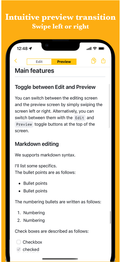 Simple Markdown Editor - A screenshot of the Simple Markdown Editor app showing a preview of formatted text including bullet points and checkboxes.