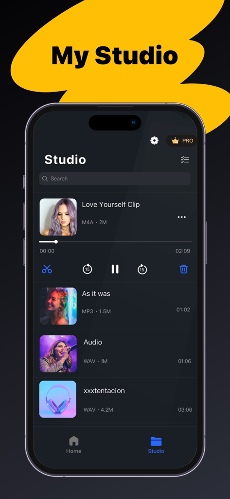Mobile app screen showing a studio library of edited music clips with playback controls