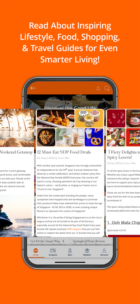 merewards app interface showing curated lifestyle food and travel guide stories