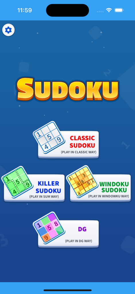 Sudoku Plus: Classic & Killer - Main menu screen of Sudoku Plus app showcasing Classic Killer Windoku and DG game modes on a blue background