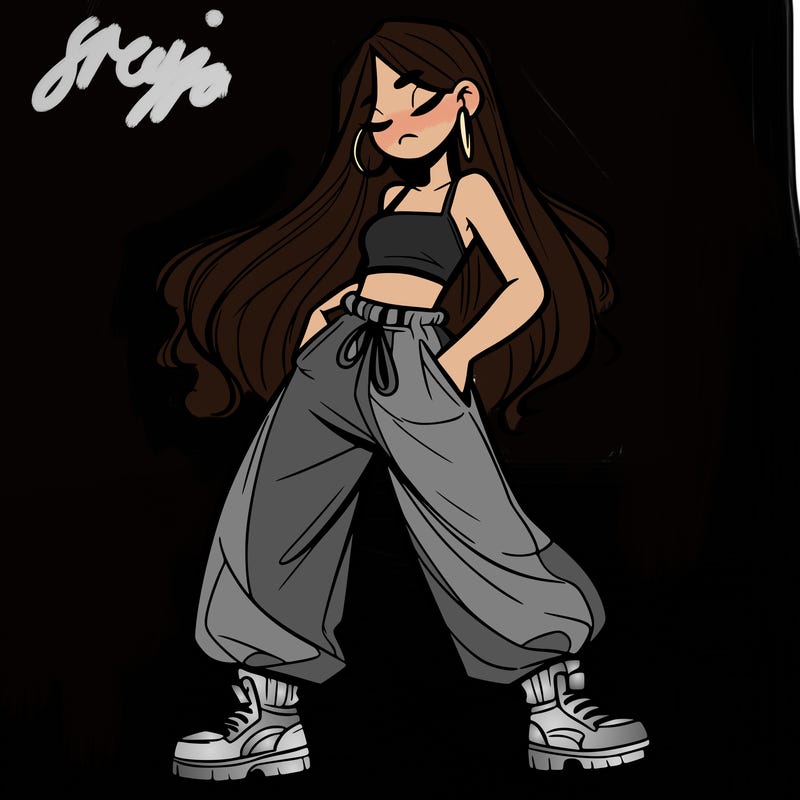 girl in baggy pants crop top and long hair