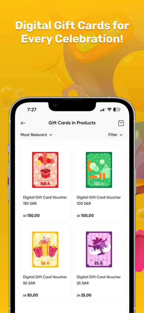 Dabdoob app screen displaying various digital gift card vouchers for toy and gift purchases.