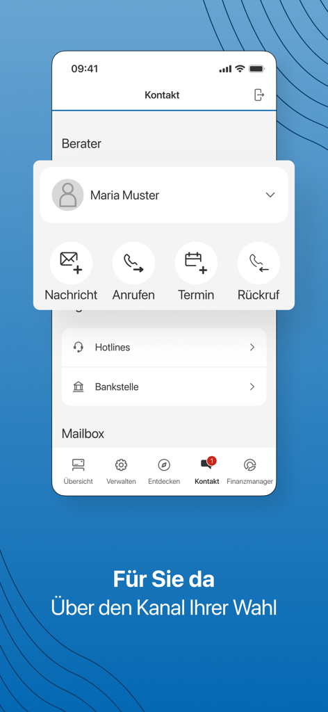 HYPO Mein ELBA-App - Kontaktbildschirm der HYPO Mein ELBA-App mit Kommunikationsoptionen mit einem persönlichen Bankberater.