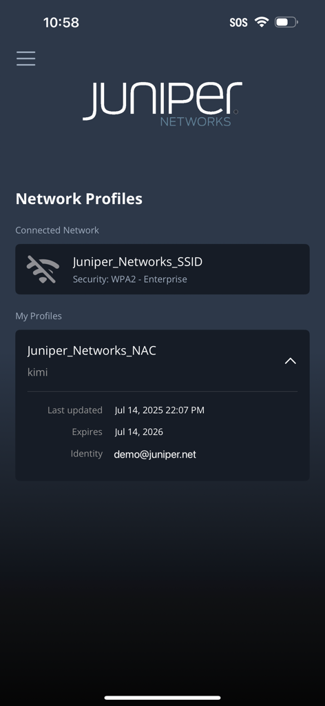 L'interfaccia dell'app Marvis Client mostra i profili di rete connessi e i dettagli del certificato Wi-Fi sicuro